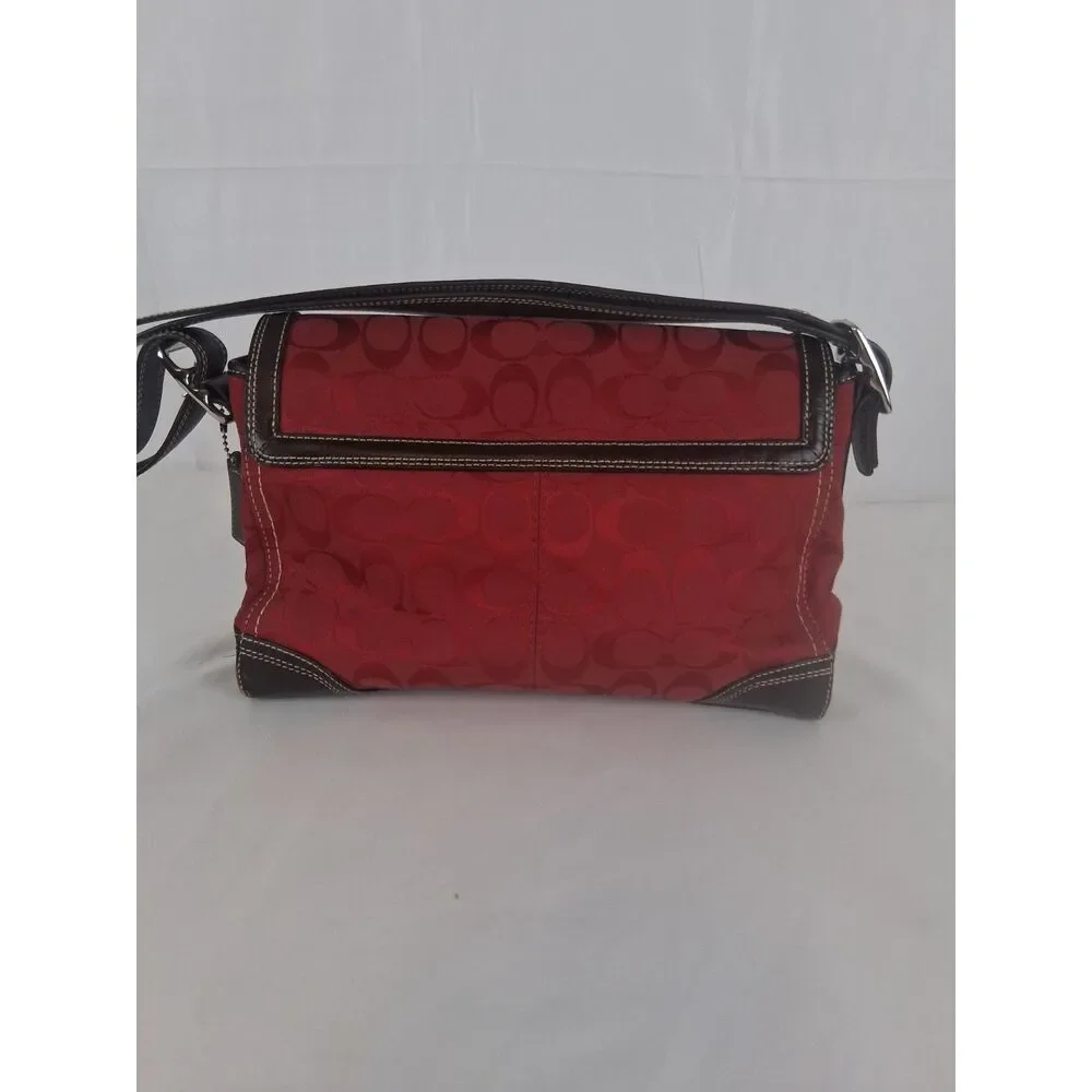 Coach Red Signature Jacquard Flap Crossbody Shoulder Bag Brown Leather F13947
